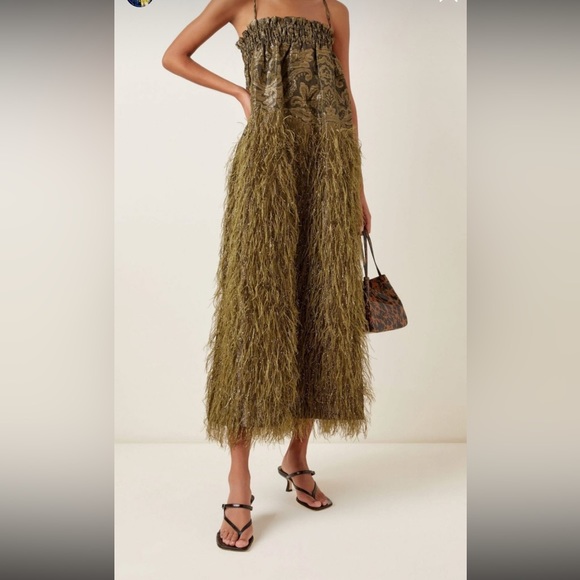 GANNI Faux Feather Embellished Jacquard Midi Dress Kalamata Green - Picture 9 of 9